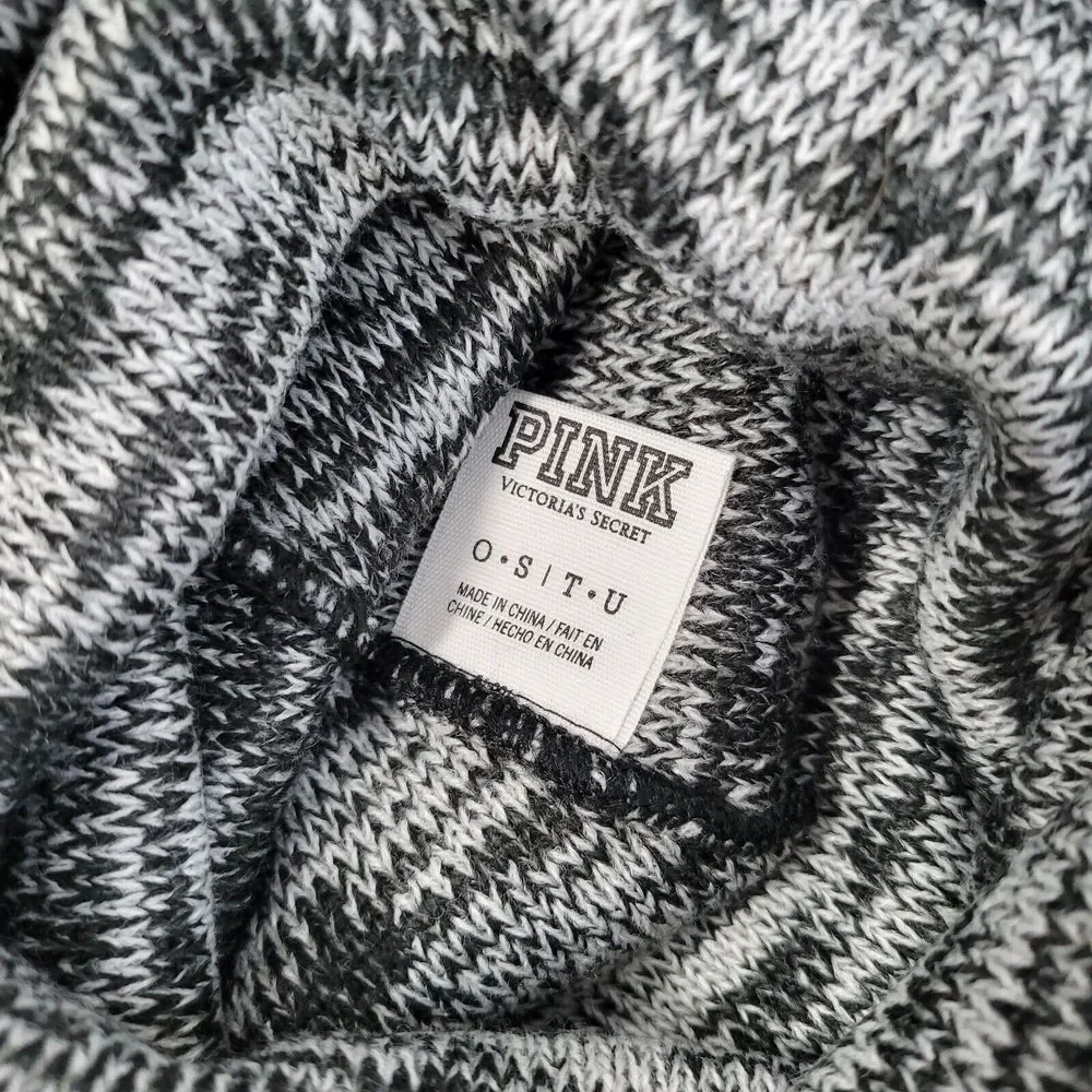 Victorias Secret PINK Slouchy Heather Gray Black Knit Winter Beanie Hat One Size